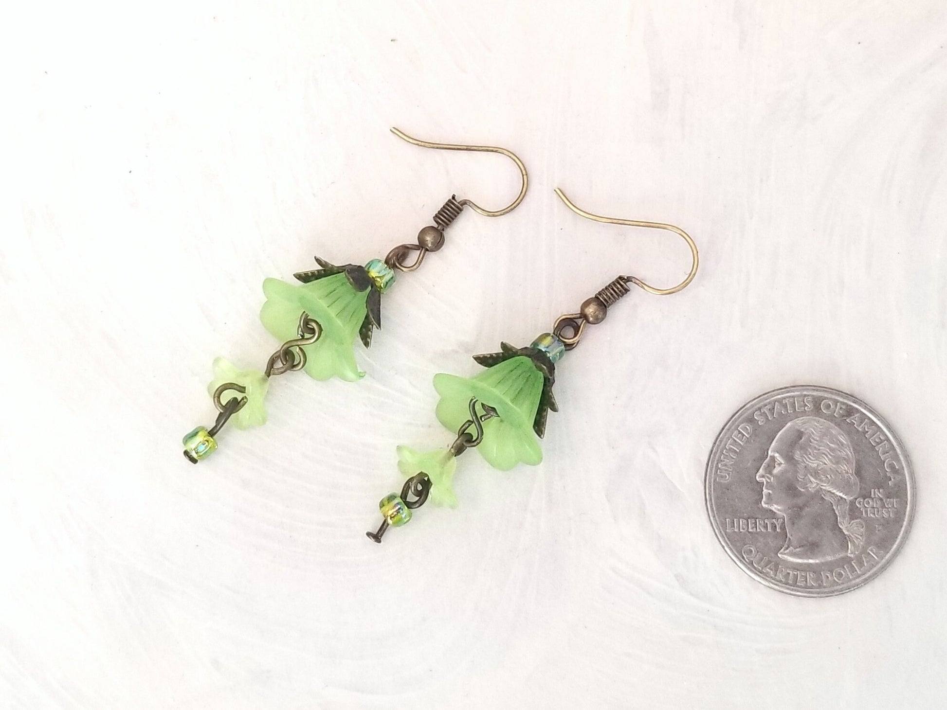 3-Tier Lucite Flower Earrings in Fresh Green, Wedding, Bridesmaid, Art Nouveau, Belle Époque, Renaissance, Garden, Choice of Metals/Closures