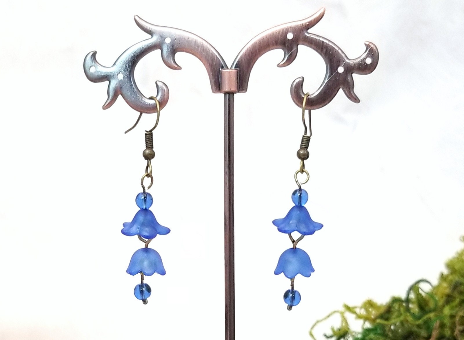 3-Tier Lucite Flower Earrings in Aqua Blue, Wedding, Bridesmaid, Art Nouveau, Belle Époque, Renaissance, Garden, Choice of Metals, Closures