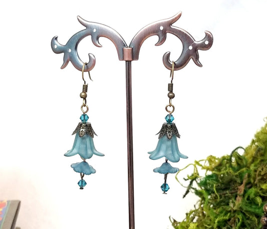 3-Tier Lucite Flower Earrings in Teal Blue, Wedding, Bridesmaid, Art Nouveau, Belle Époque, Renaissance, Garden, Choice of Metals, Closures