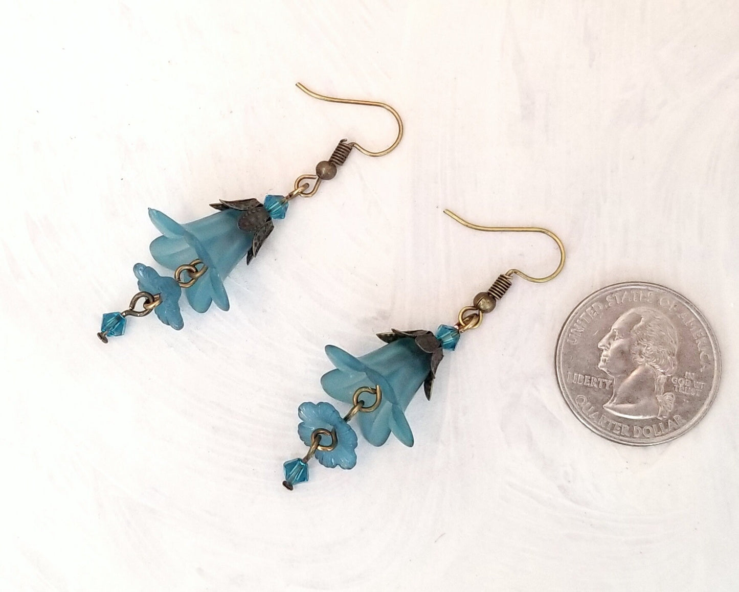 3-Tier Lucite Flower Earrings in Teal Blue, Wedding, Bridesmaid, Art Nouveau, Belle Époque, Renaissance, Garden, Choice of Metals, Closures