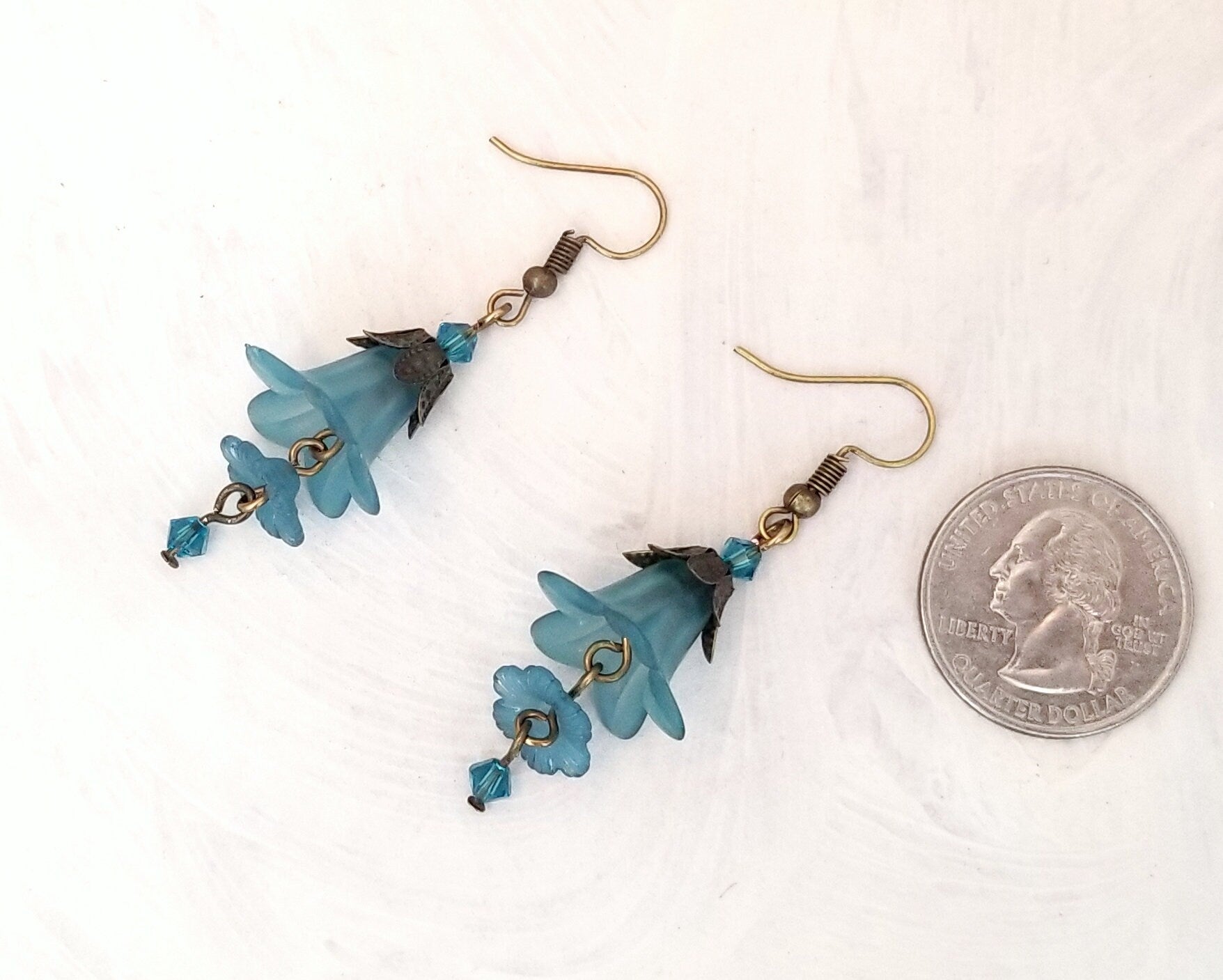 3-Tier Lucite Flower Earrings in Teal Blue, Wedding, Bridesmaid, Art Nouveau, Belle Époque, Renaissance, Garden, Choice of Metals, Closures