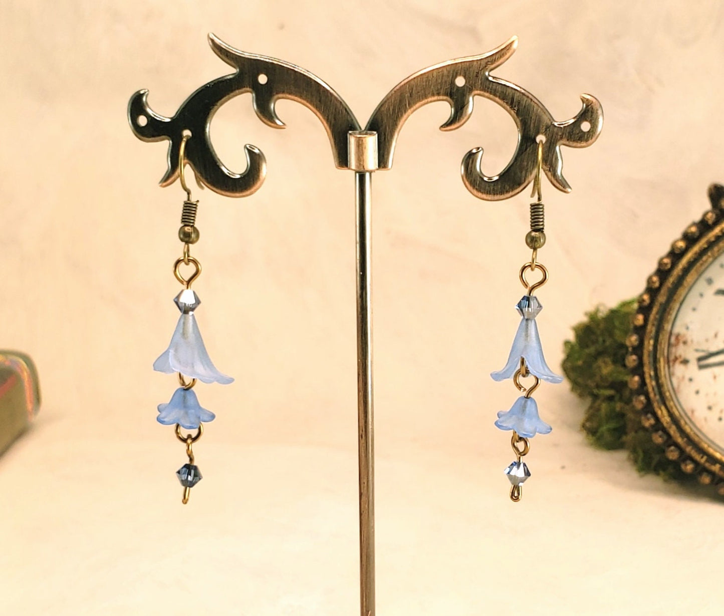 3-Tier Lucite Flower Earrings in Light Blue, Wedding, Bridesmaid, Art Nouveau, Belle Époque, Renaissance, Garden, Choice of Metals, Closures