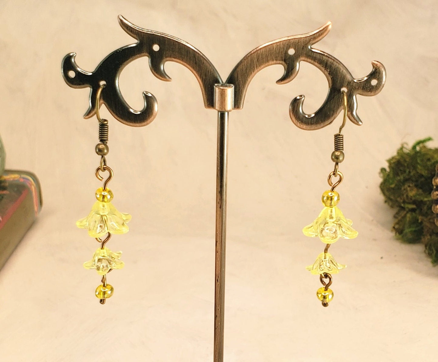 3-Tier Lucite Flower Earrings in Yellow, Wedding, Bridesmaid, Art Nouveau, Belle Époque, Renaissance, Garden, Choice of Metals, Closures