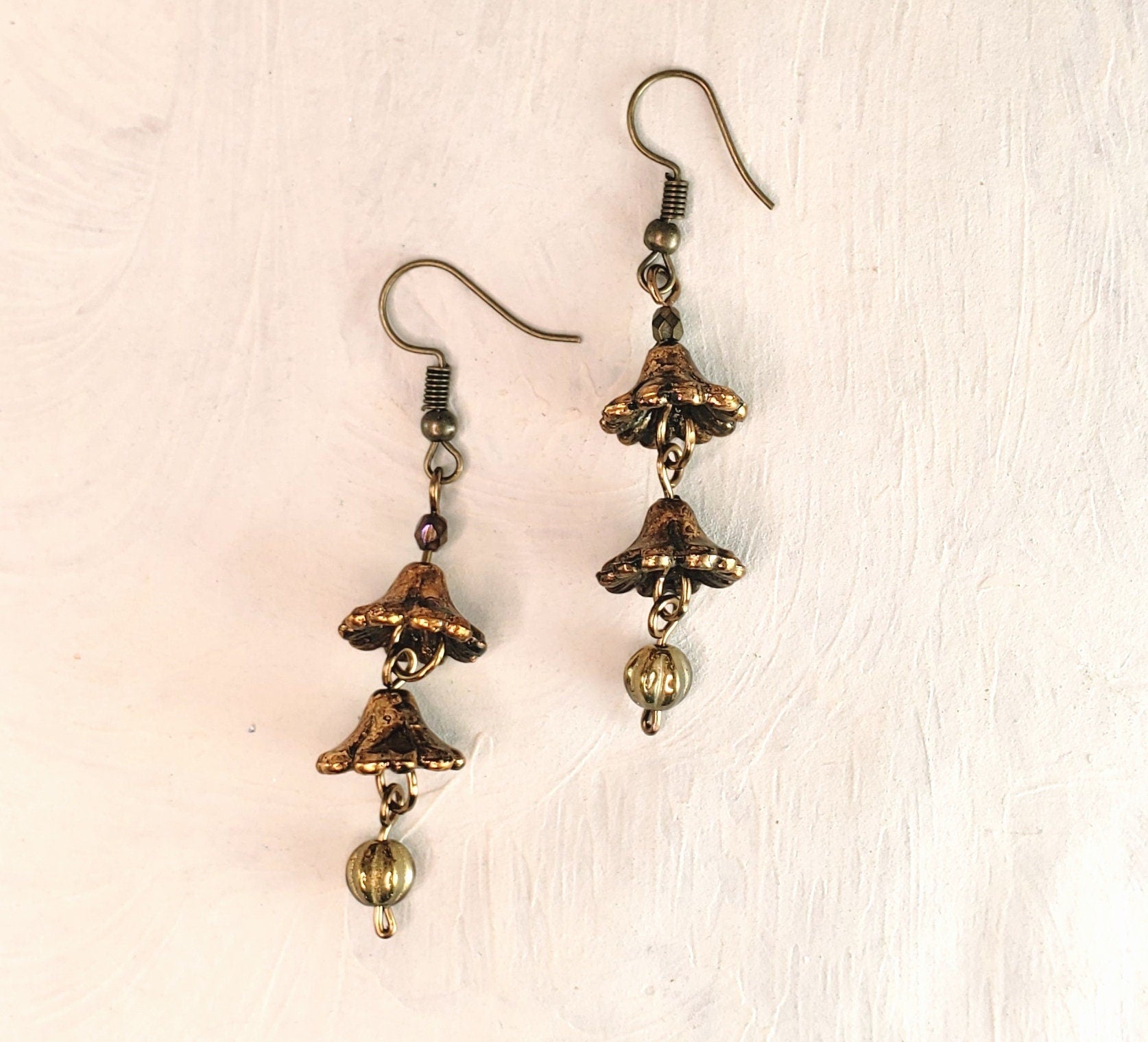 3-Tier Lucite Flower Earrings in Antique Gold, Wedding, Bridesmaid, Art Nouveau, Belle Époque, Renaissance, Garden, Choice of Metal, Closure