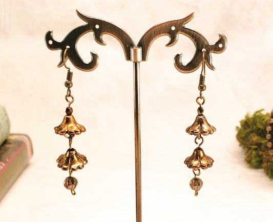 3-Tier Lucite Flower Earrings in Antique Gold, Wedding, Bridesmaid, Art Nouveau, Belle Époque, Renaissance, Garden, Choice of Metal, Closure