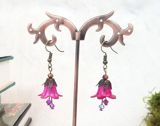 Elegant Lucite Flower Drop Earrings in Hot Magenta Pink, Wedding, Bridesmaid, Art Nouveau, Renaissance, Choice of Metals/Closures
