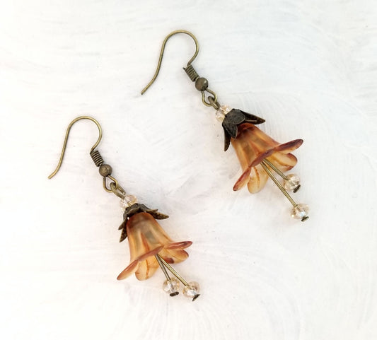 Elegant Lucite Flower Drop Earrings in Clear Brown, Wedding, Bridesmaid, Art Nouveau, Belle Époque, Renaissance, Choice of Metals/Closures