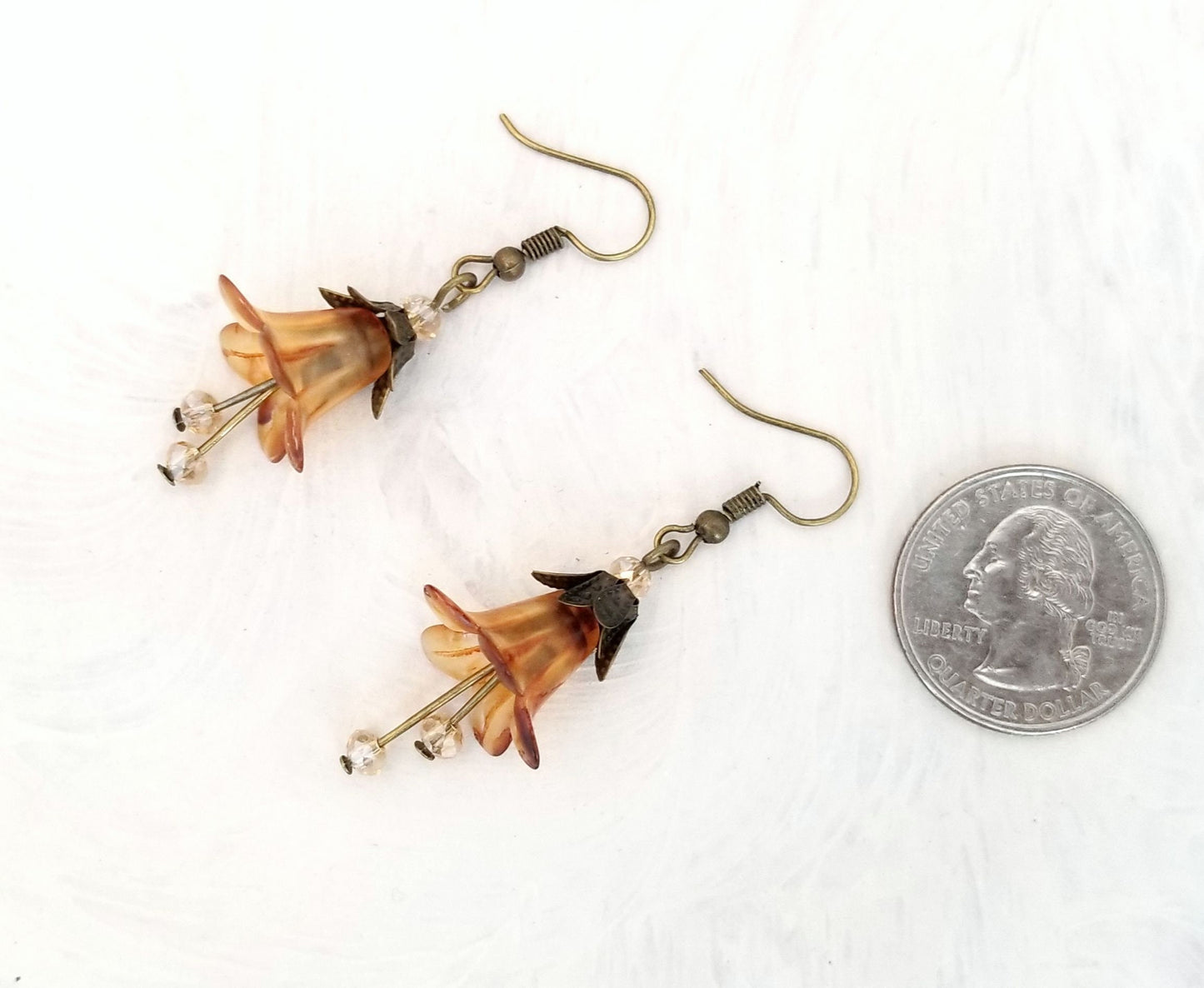 Elegant Lucite Flower Drop Earrings in Clear Brown, Wedding, Bridesmaid, Art Nouveau, Belle Époque, Renaissance, Choice of Metals/Closures