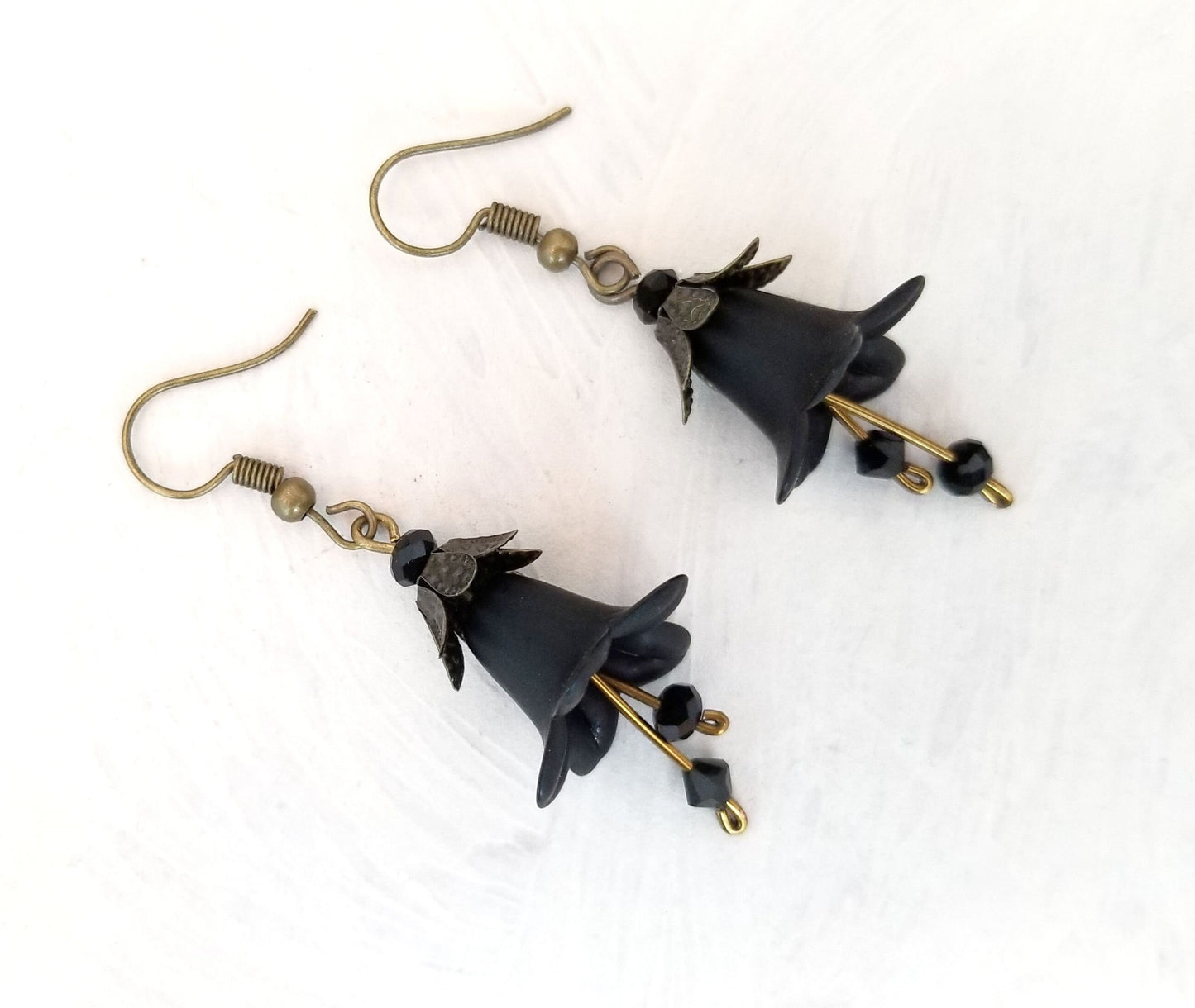 Elegant Lucite Flower Drop Earrings in Black, Wedding, Bridesmaid, Art Nouveau, Belle Époque, Renaissance, Goth, Choice of Metals/Closures