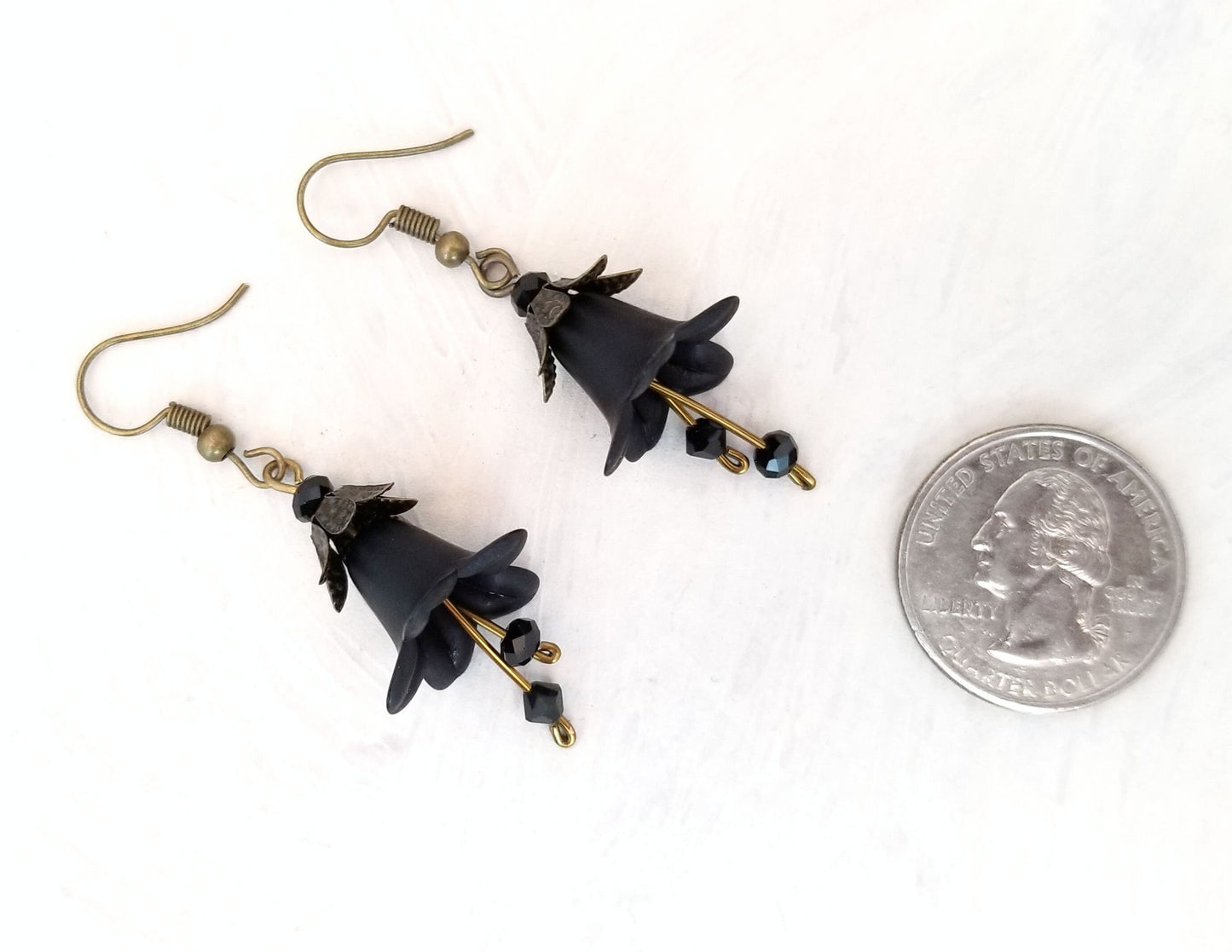 Elegant Lucite Flower Drop Earrings in Black, Wedding, Bridesmaid, Art Nouveau, Belle Époque, Renaissance, Goth, Choice of Metals/Closures