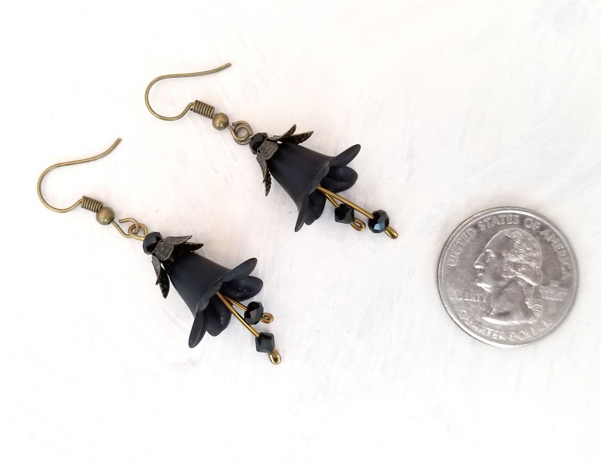 Elegant Lucite Flower Drop Earrings in Black, Wedding, Bridesmaid, Art Nouveau, Belle Époque, Renaissance, Goth, Choice of Metals/Closures