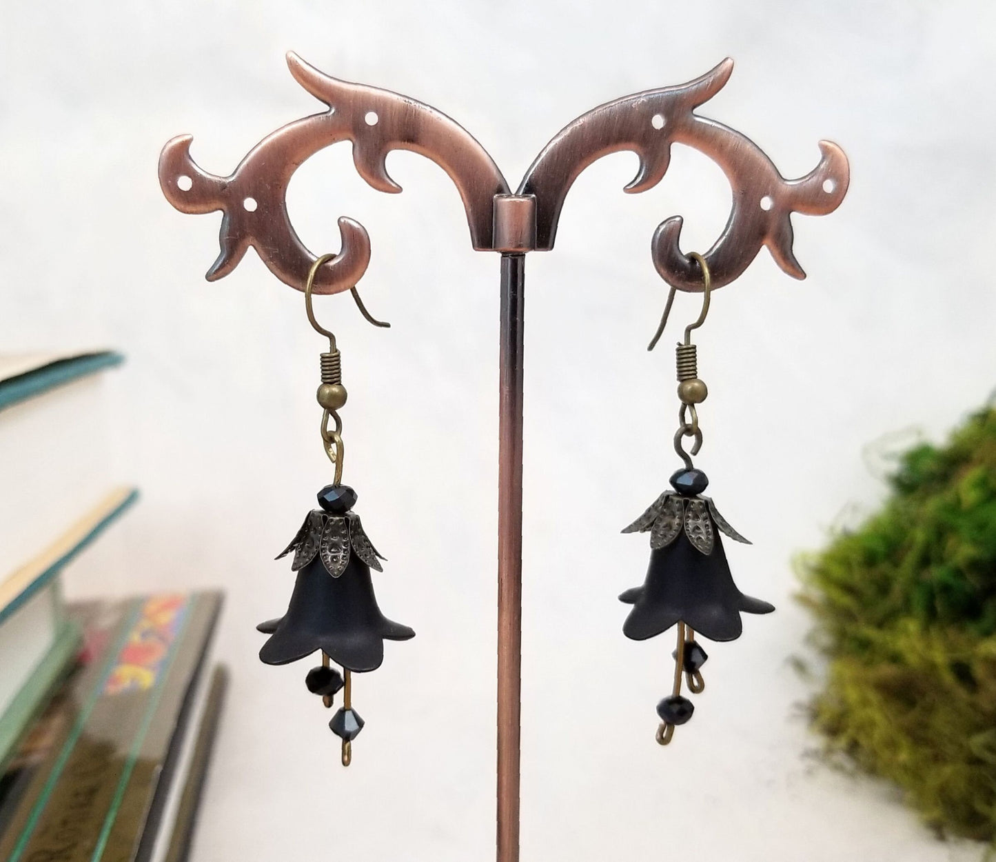 Elegant Lucite Flower Drop Earrings in Black, Wedding, Bridesmaid, Art Nouveau, Belle Époque, Renaissance, Goth, Choice of Metals/Closures