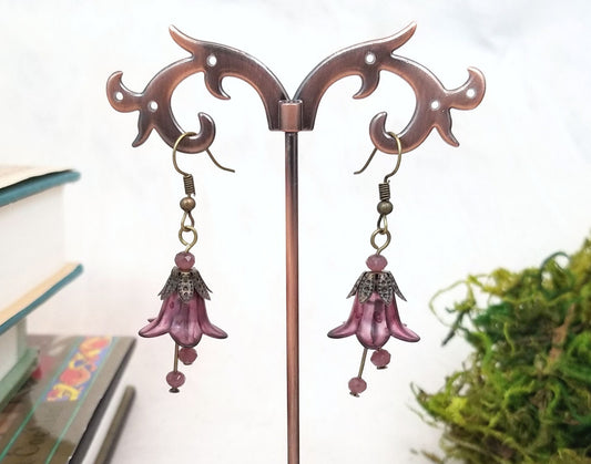 Elegant Lucite Flower Drop Earrings in Purple, Wedding, Bridesmaid, Art Nouveau, Belle Époque, Renaissance, Choice of Metals/Closures