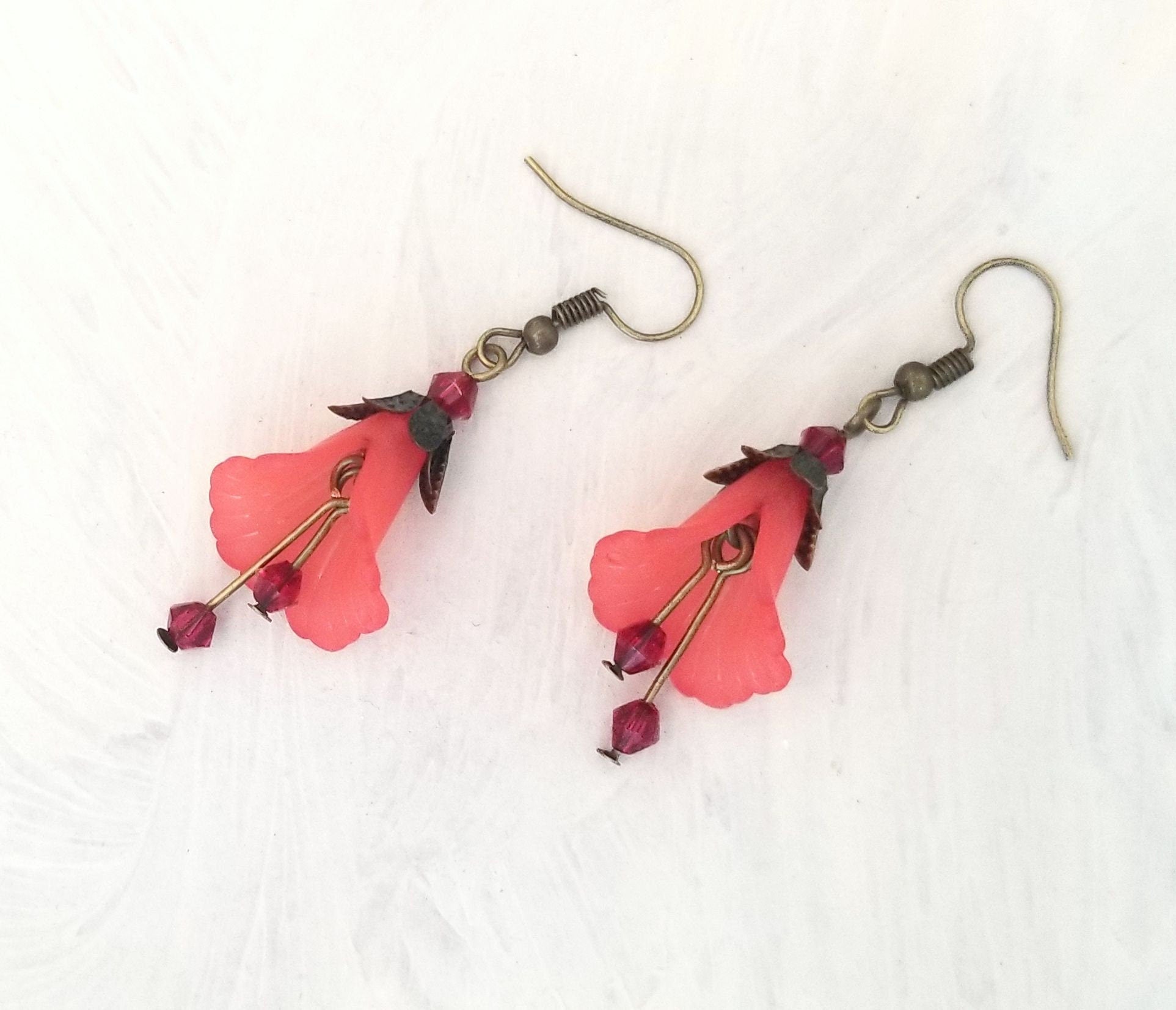Elegant Lucite Flower Drop Earrings in Red, Wedding, Bridesmaid, Art Nouveau, Belle Époque, Renaissance, Garden, Choice of Metals/Closures