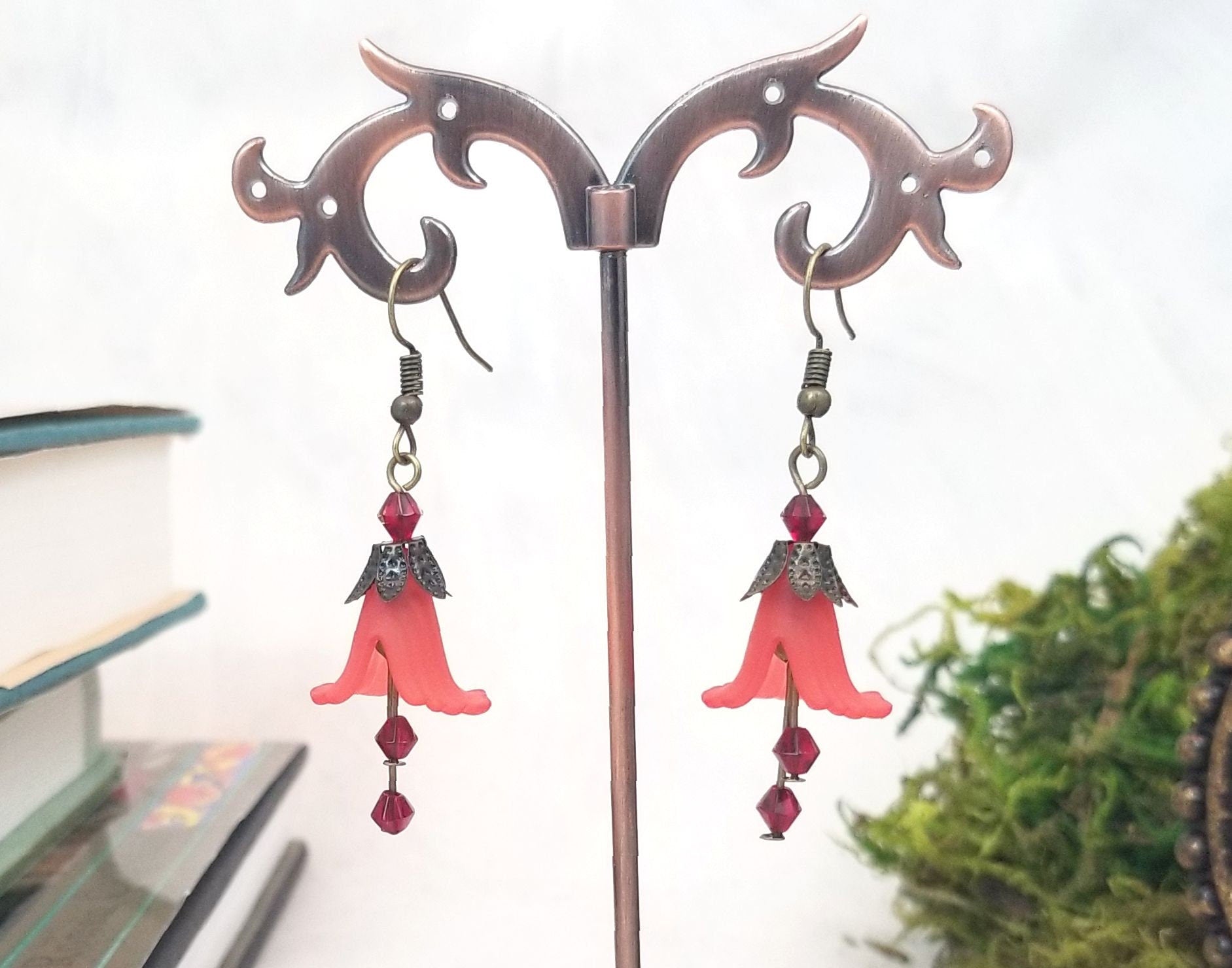 Elegant Lucite Flower Drop Earrings in Red, Wedding, Bridesmaid, Art Nouveau, Belle Époque, Renaissance, Garden, Choice of Metals/Closures