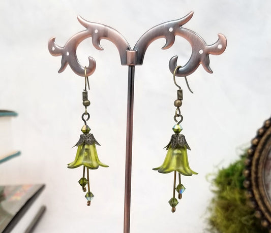 Elegant Lucite Flower Drop Earrings in Olive Green, Wedding, Bridesmaid, Art Nouveau, Belle Époque, Renaissance, Choice of Metals/Closures