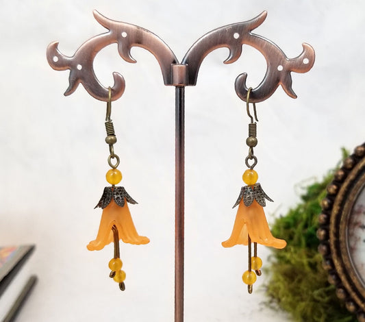 Elegant Lucite Flower Drop Earrings in Orange, Wedding, Bridesmaid, Art Nouveau, Belle Époque, Renaissance, Choice of Metals/Closures