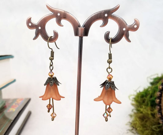 Elegant Lucite Flower Drop Earrings in Brown, Wedding, Bridesmaid, Art Nouveau, Belle Époque, Renaissance, Garden, Choice of Metals/Closures