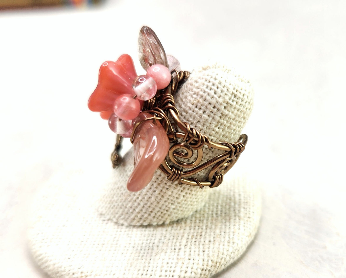 Fairytale Forest Fantasy Floral Ring in Antique Pink Renaissance Adjustable Wire