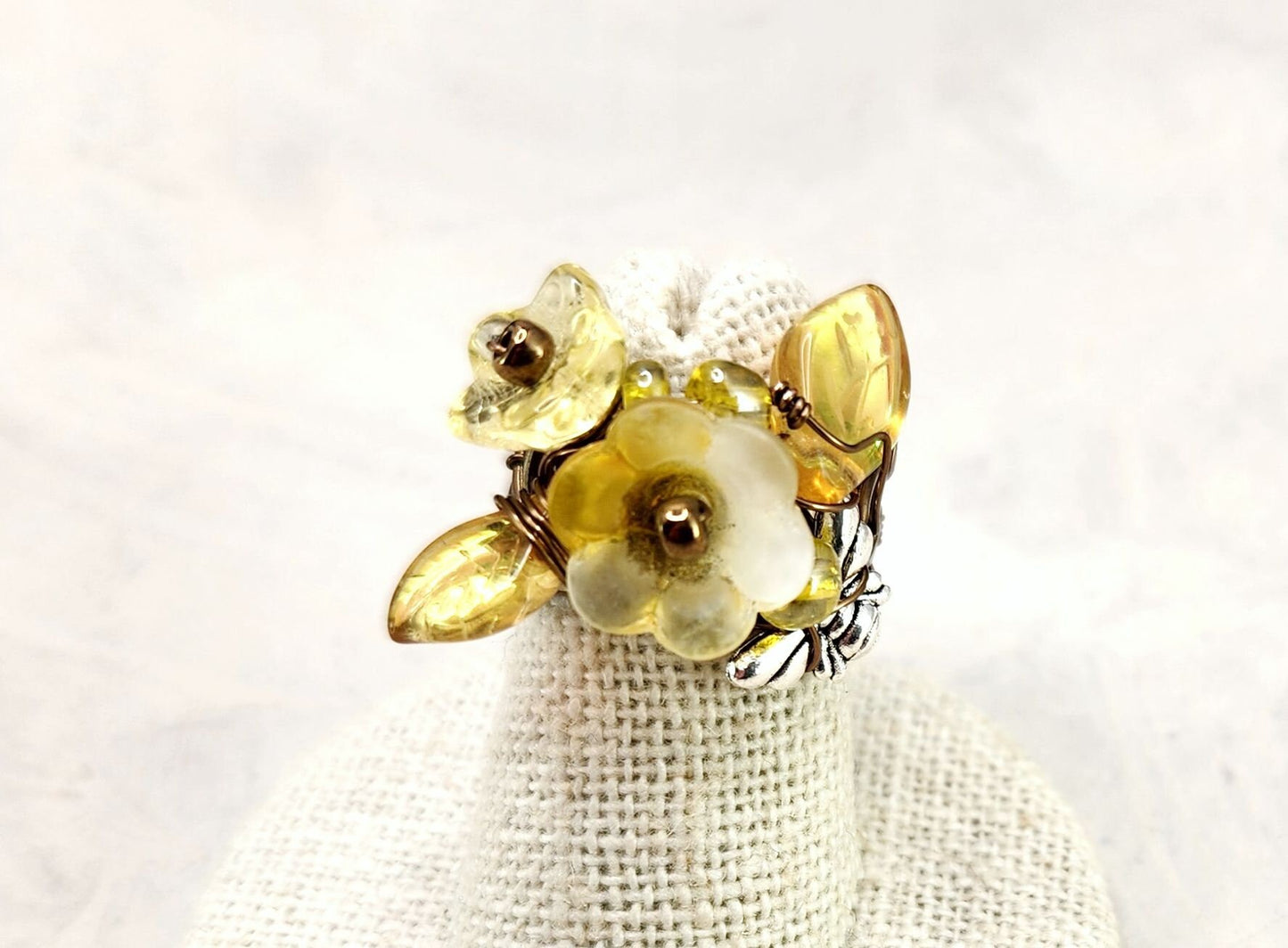 Fairytale Forest Fantasy Floral Ring in Yellow Renaissance Adjustable Wire