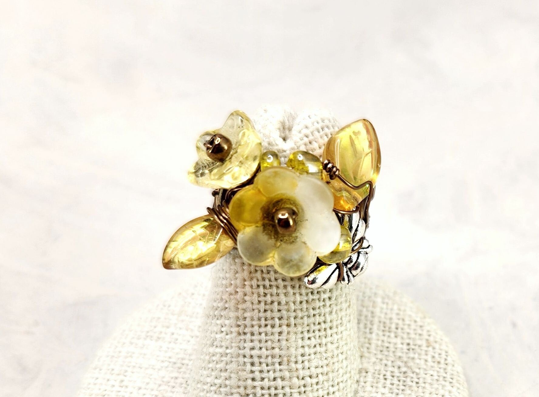 Fairytale Forest Fantasy Floral Ring in Yellow Renaissance Adjustable Wire