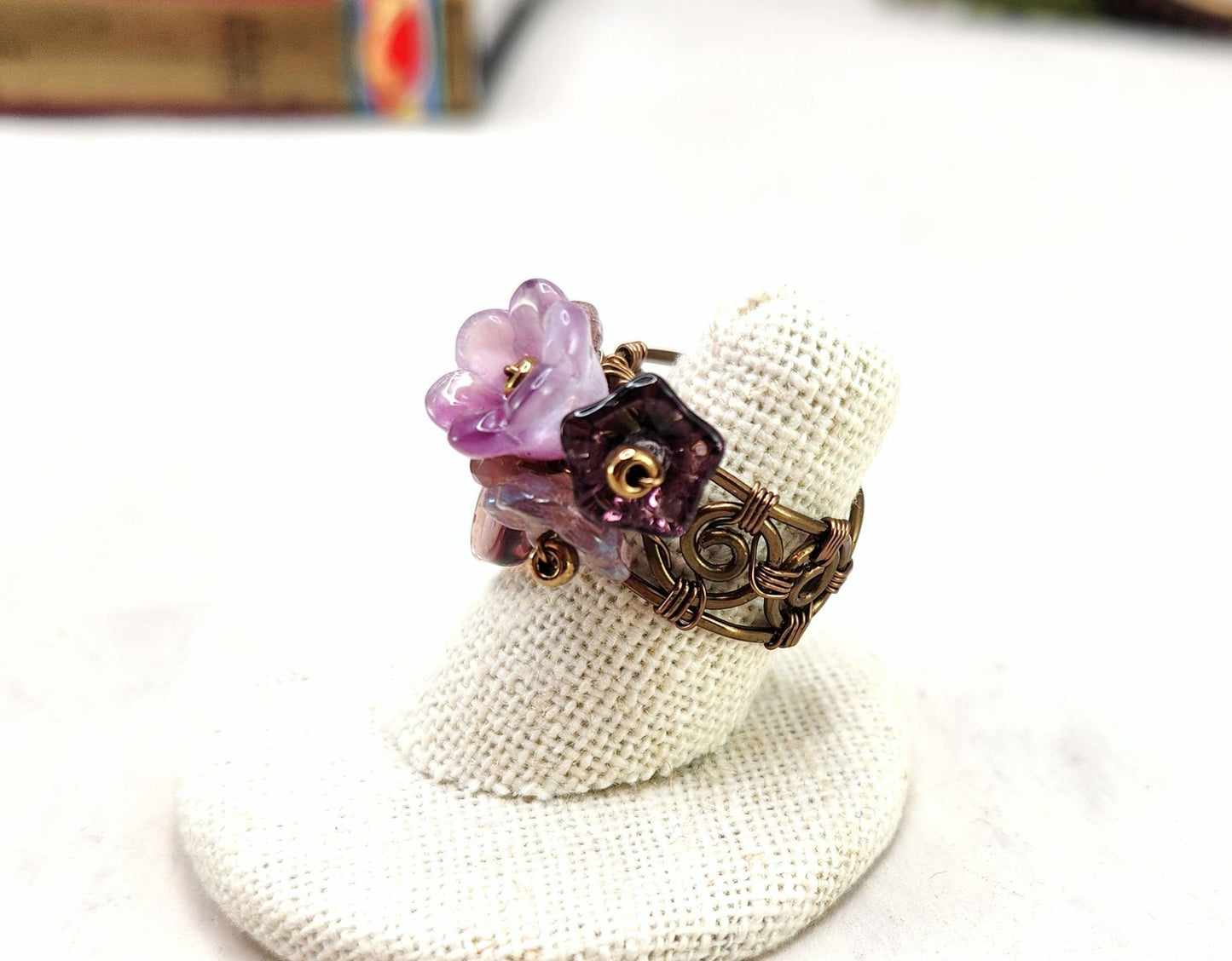 Fairytale Forest Fantasy Floral Ring in Purple with Moon + Star Celestial Renaissance Adjustable Wire