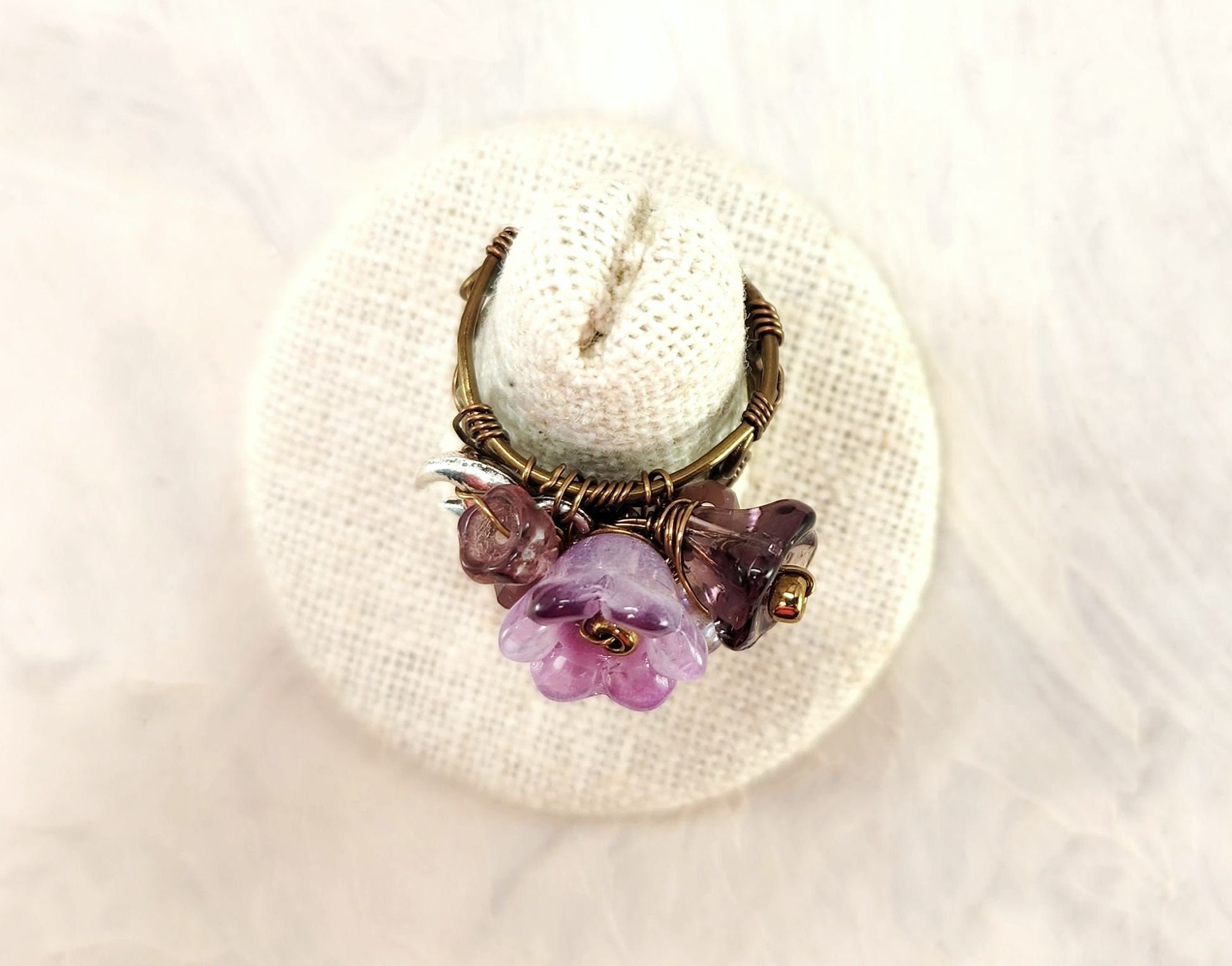 Fairytale Forest Fantasy Floral Ring in Purple with Moon + Star Celestial Renaissance Adjustable Wire