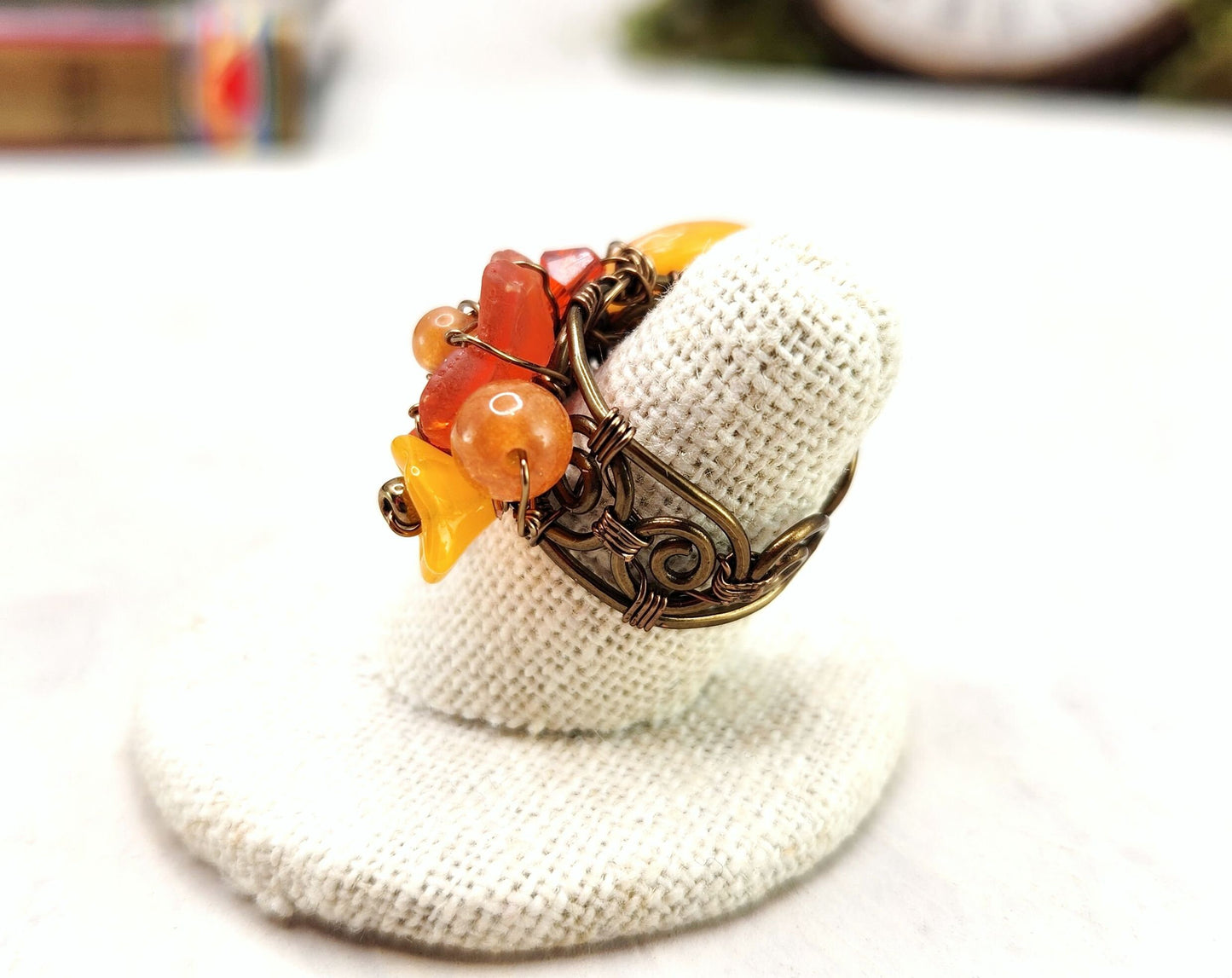Fairytale Forest Fantasy Floral Ring in Orange with Celtic Heart Renaissance Adjustable Wire