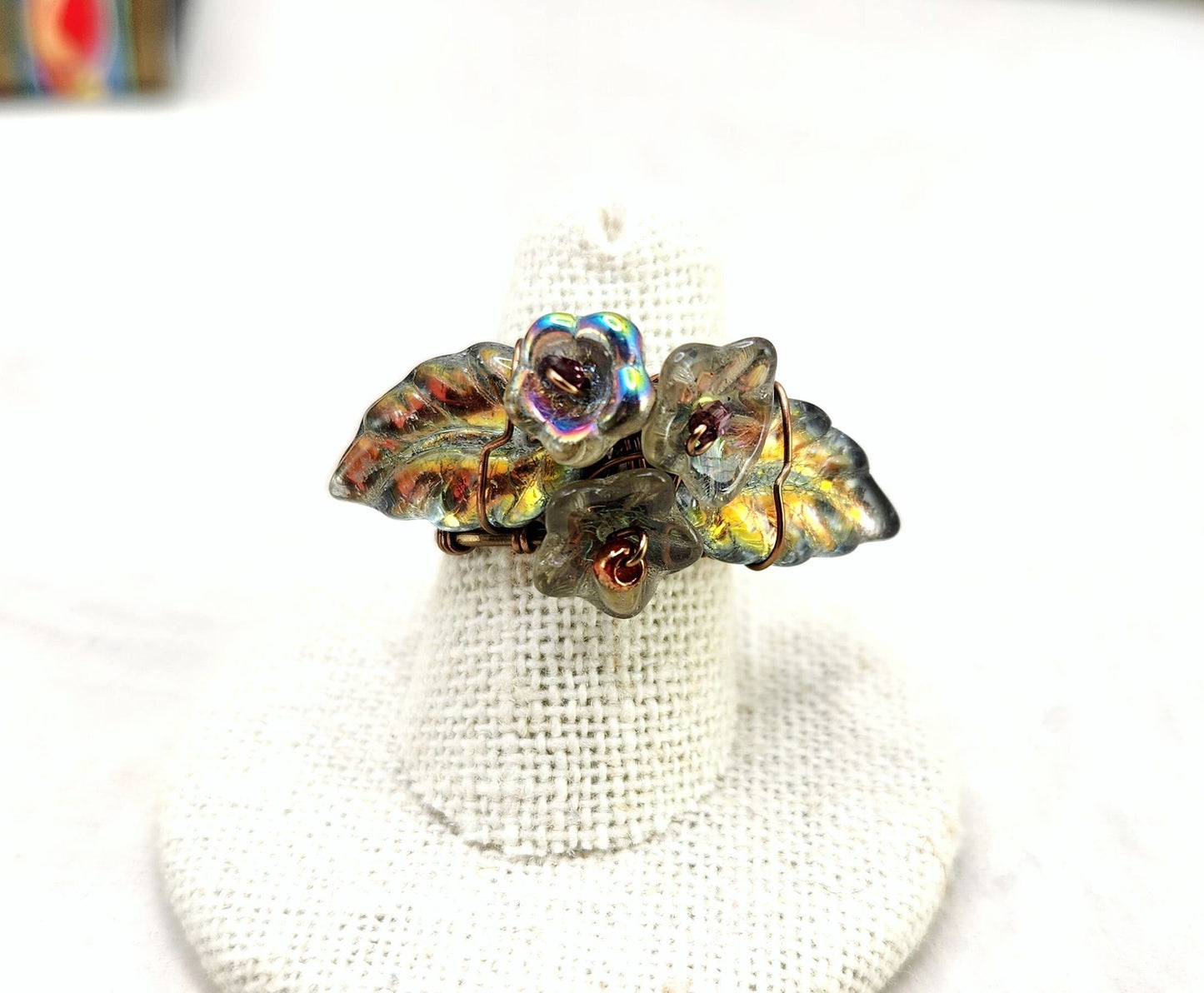 Fairytale Forest Fantasy Floral Ring in Rainbow Mercury Silver Renaissance Adjustable Wire
