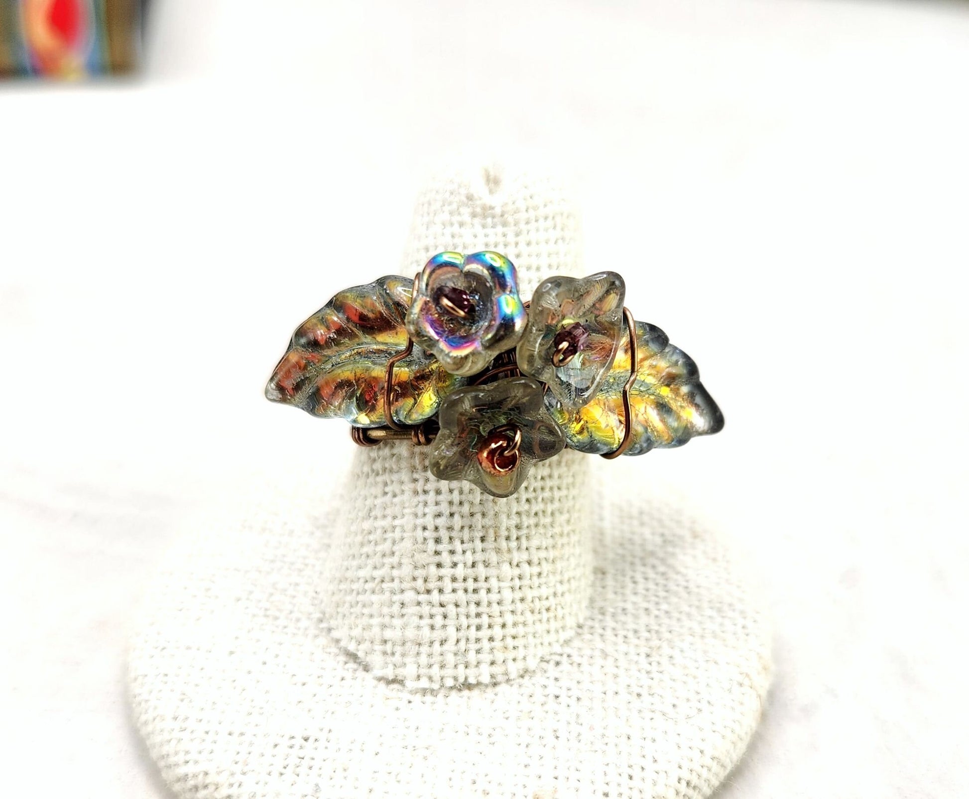 Fairytale Forest Fantasy Floral Ring in Rainbow Mercury Silver Renaissance Adjustable Wire