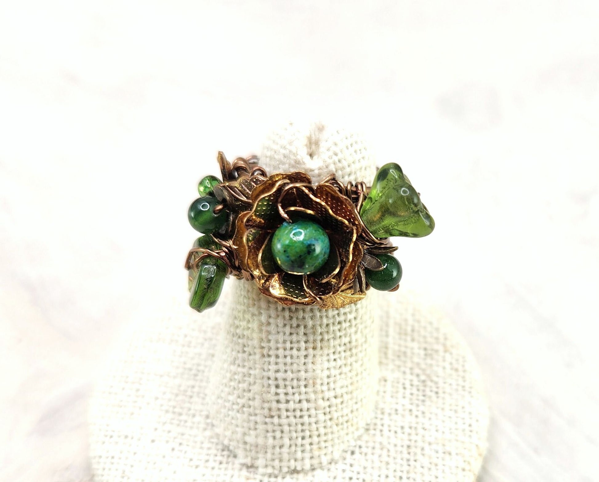 Fairytale Forest Fantasy Floral Ring in Green with Bee Renaissance Adjustable Wire