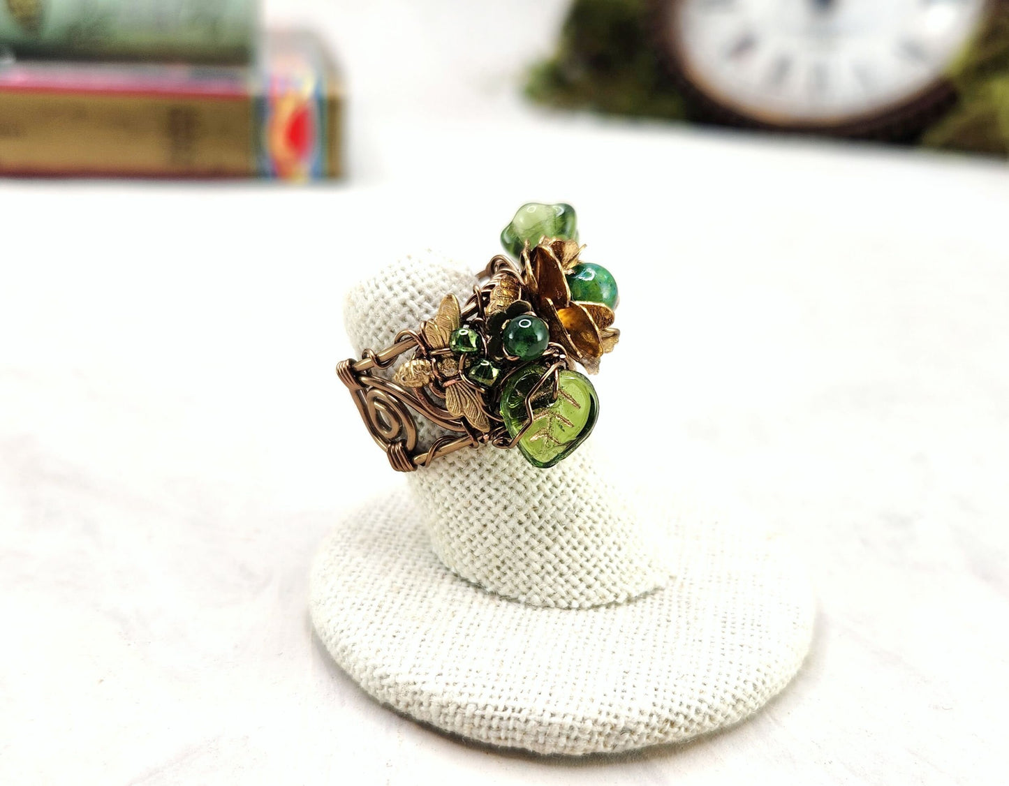 Fairytale Forest Fantasy Floral Ring in Green with Bee Renaissance Adjustable Wire