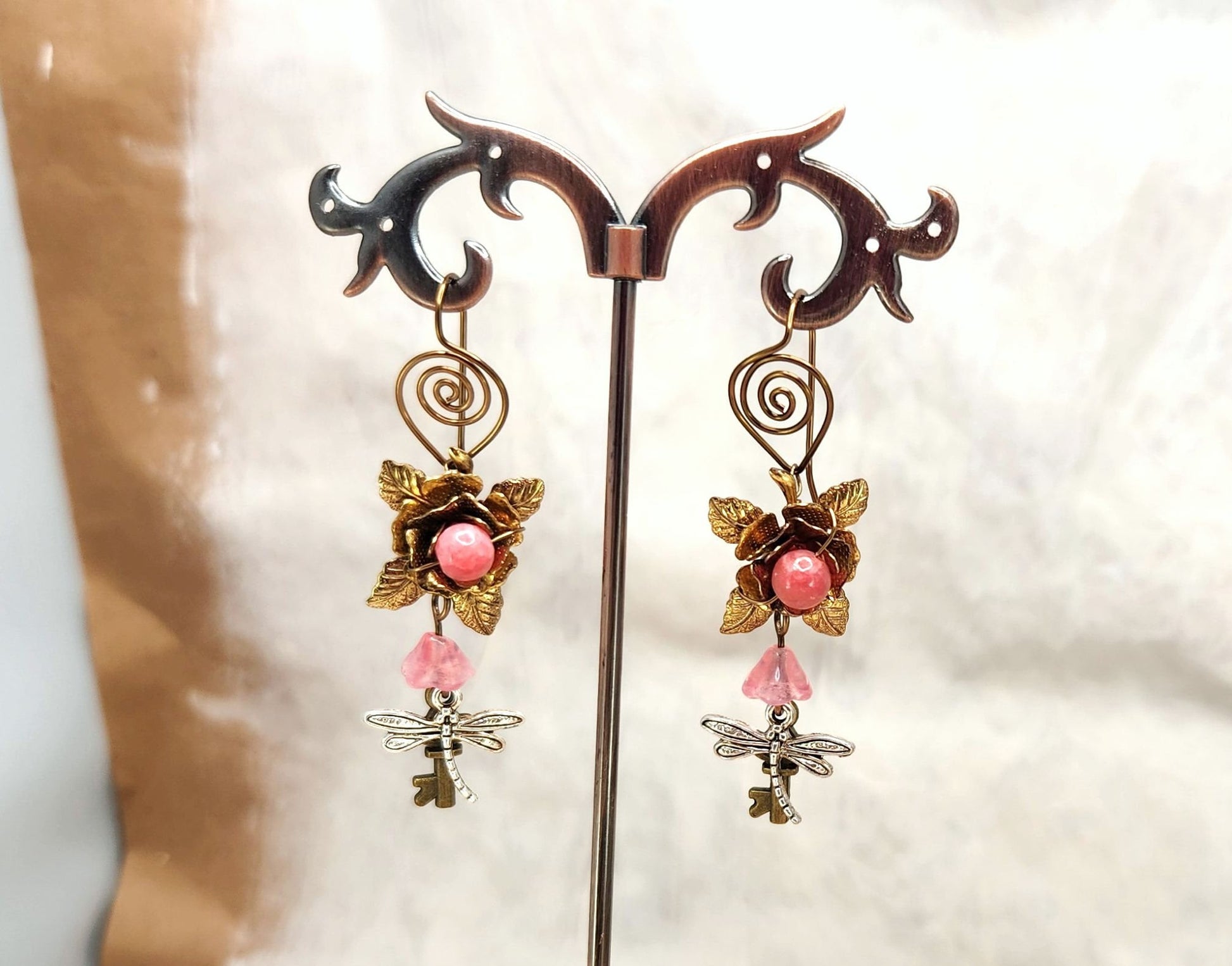 Fairytale Forest Fantasy Rose + Dragonfly + Key Earrings in Antique Pink, Wedding, Bridesmaid, Art Nouveau, Belle Époque, Renaissance