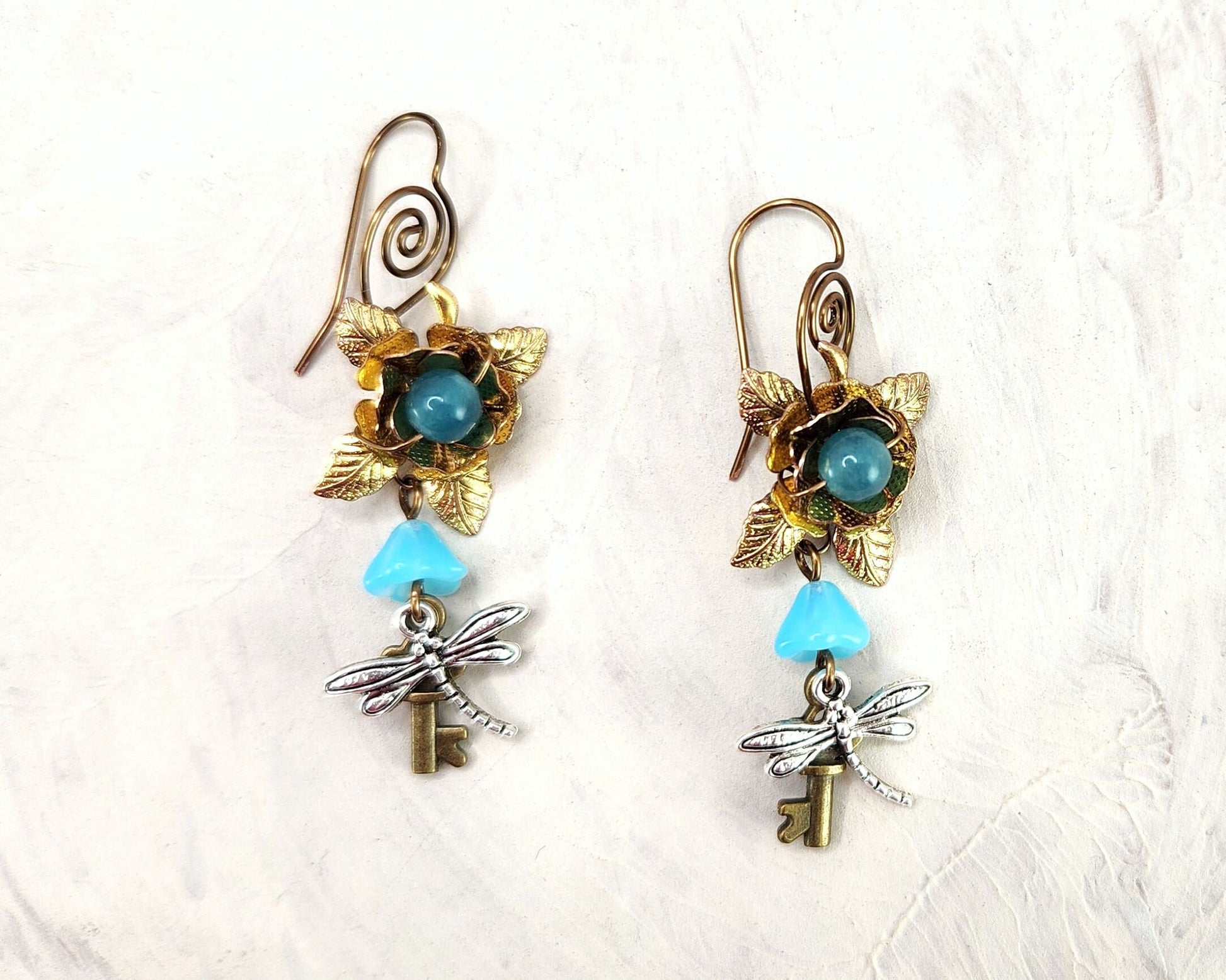 Fairytale Forest Fantasy Rose + Dragonfly + Key Earrings in Aqua Sky Teal Blue, Wedding, Bridesmaid, Art Nouveau, Belle Époque, Renaissance