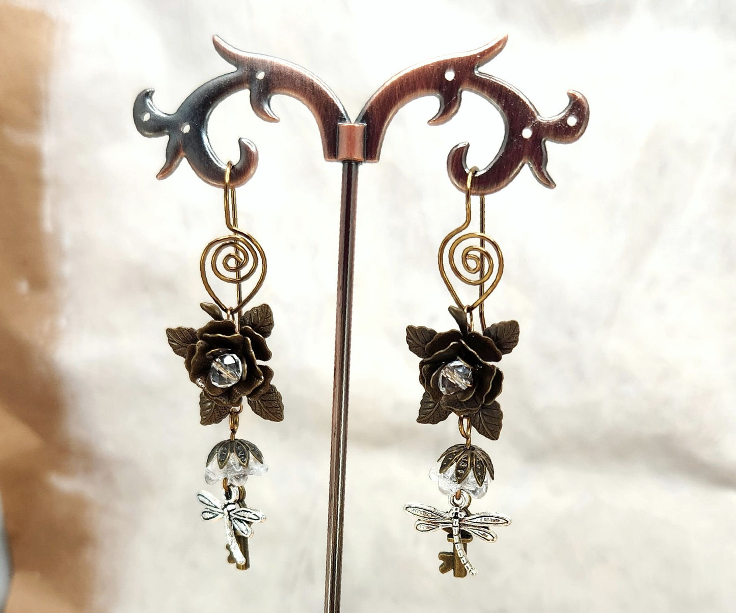 Fairytale Forest Fantasy Rose + Dragonfly + Key Earrings in Clear, Wedding, Bridesmaid, Art Nouveau, Belle Époque, Renaissance