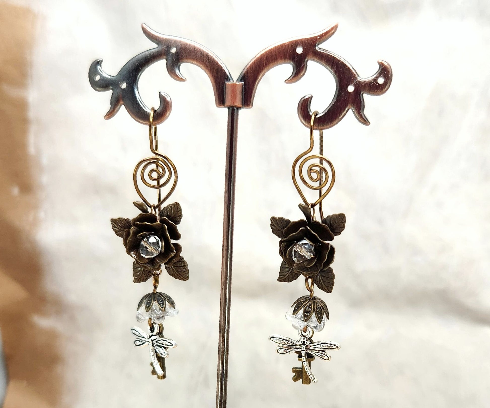 Fairytale Forest Fantasy Rose + Dragonfly + Key Earrings in Clear, Wedding, Bridesmaid, Art Nouveau, Belle Époque, Renaissance