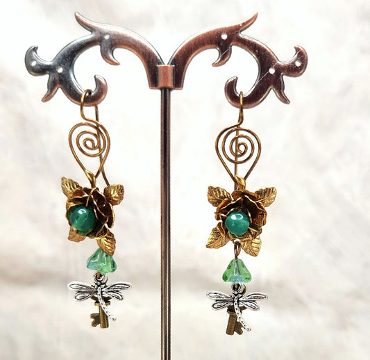 Fairytale Forest Fantasy Rose + Dragonfly + Key Earrings in Green, Wedding, Bridesmaid, Art Nouveau, Belle Époque, Renaissance