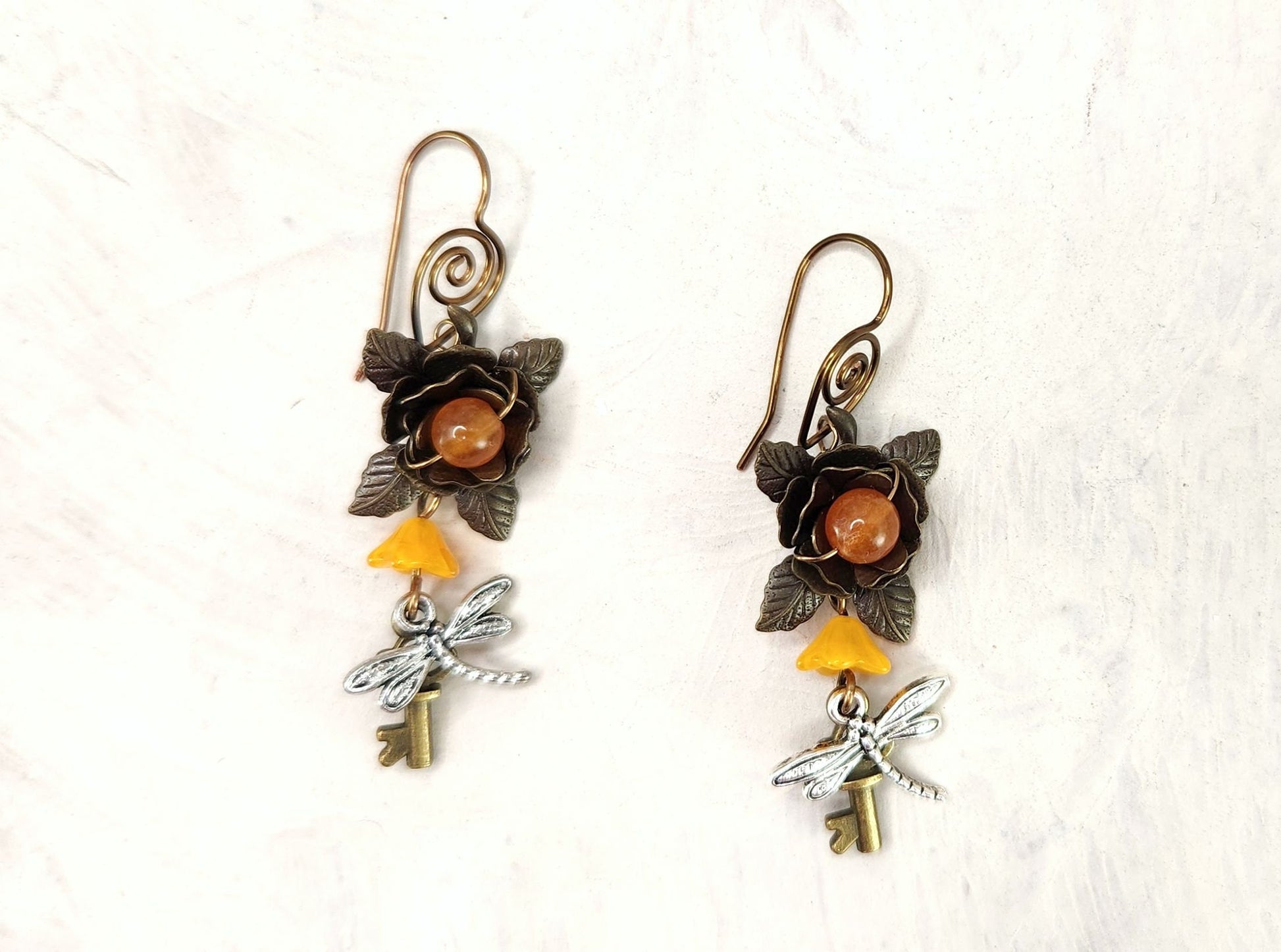 Fairytale Forest Fantasy Rose + Dragonfly + Key Earrings in Orange, Wedding, Bridesmaid, Art Nouveau, Belle Époque, Renaissance