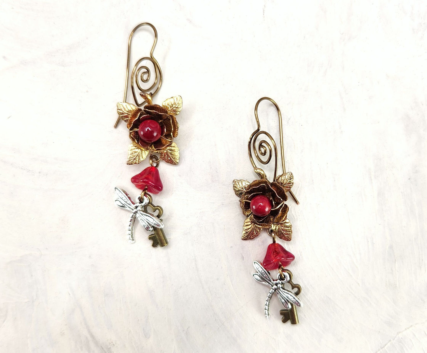 Fairytale Forest Fantasy Rose + Dragonfly + Key Earrings in Red, Wedding, Bridesmaid, Art Nouveau, Belle Époque, Renaissance