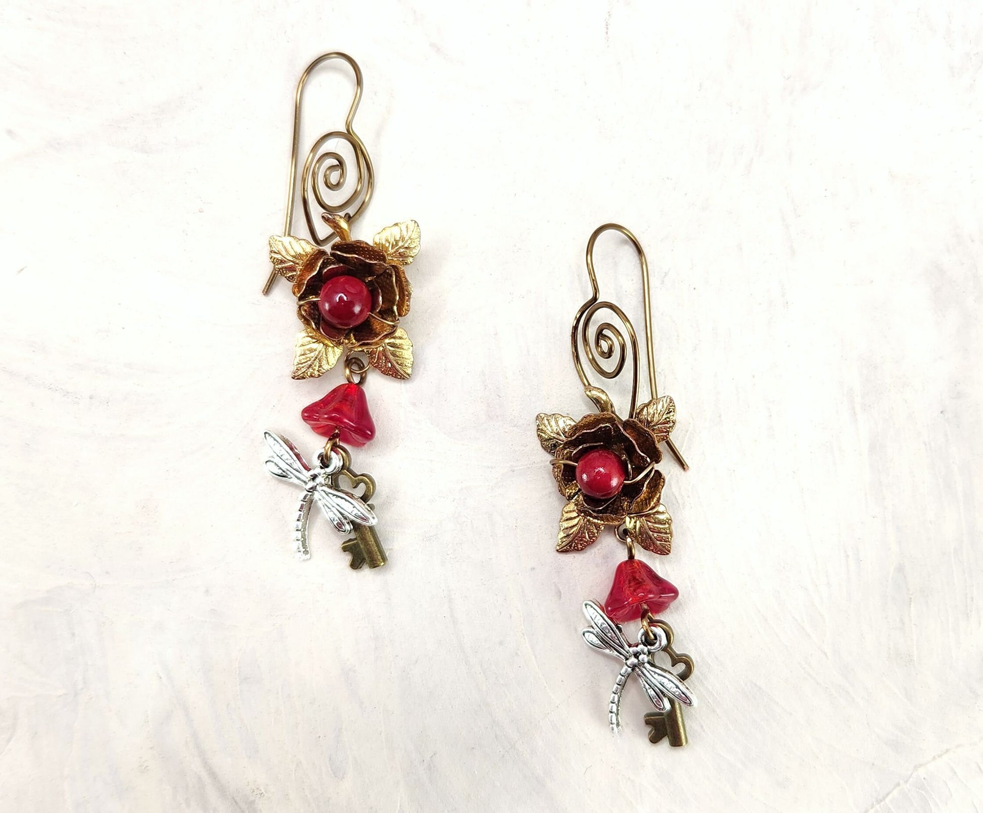 Fairytale Forest Fantasy Rose + Dragonfly + Key Earrings in Red, Wedding, Bridesmaid, Art Nouveau, Belle Époque, Renaissance