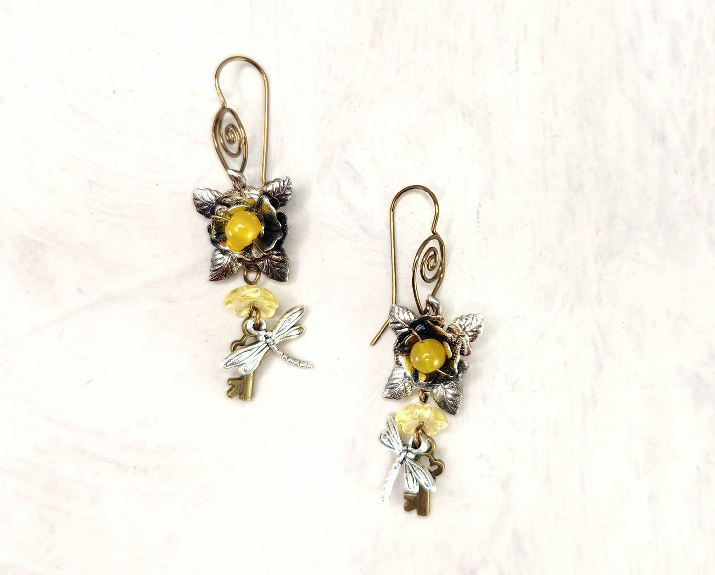 Fairytale Forest Fantasy Rose + Dragonfly + Key Earrings in Yellow, Wedding, Bridesmaid, Art Nouveau, Belle Époque, Renaissance