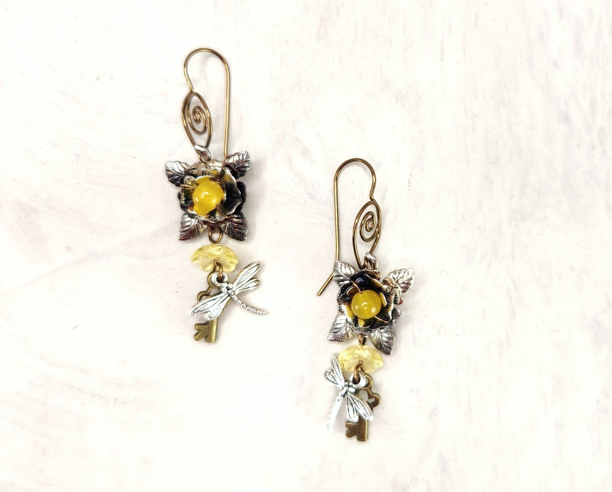Fairytale Forest Fantasy Rose + Dragonfly + Key Earrings in Yellow, Wedding, Bridesmaid, Art Nouveau, Belle Époque, Renaissance