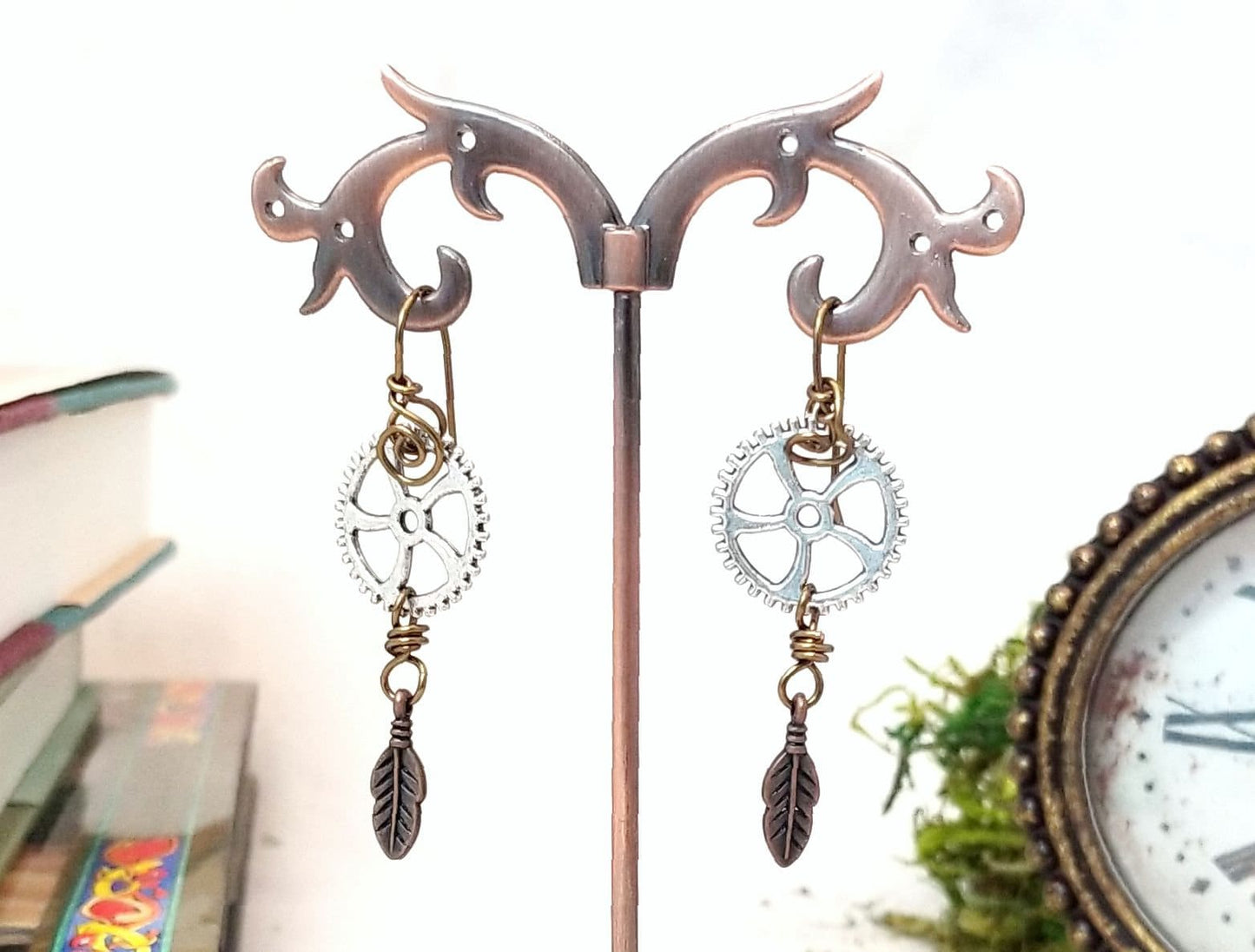 Steampunk Gear + Feather Earrings