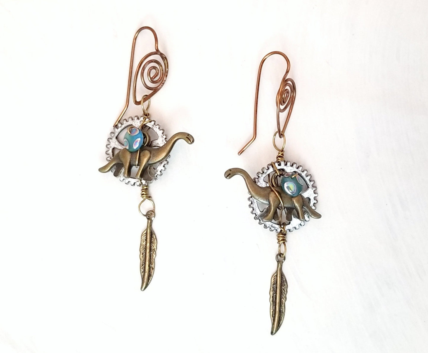 Steampunk Dinosaur Earrings in Aqua Blue