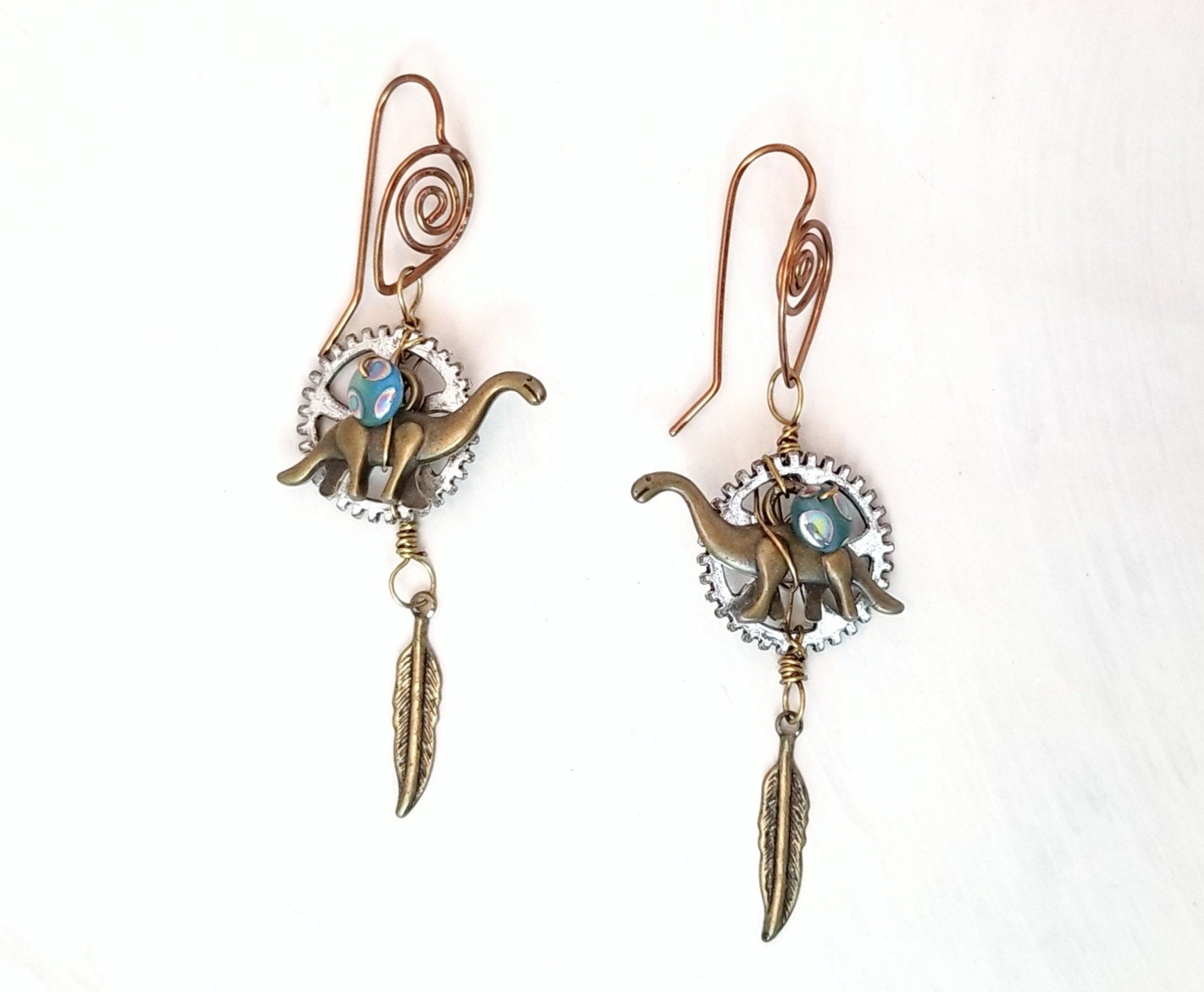 Steampunk Dinosaur Earrings in Aqua Blue