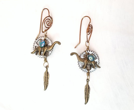 Steampunk Dinosaur Earrings in Aqua Blue