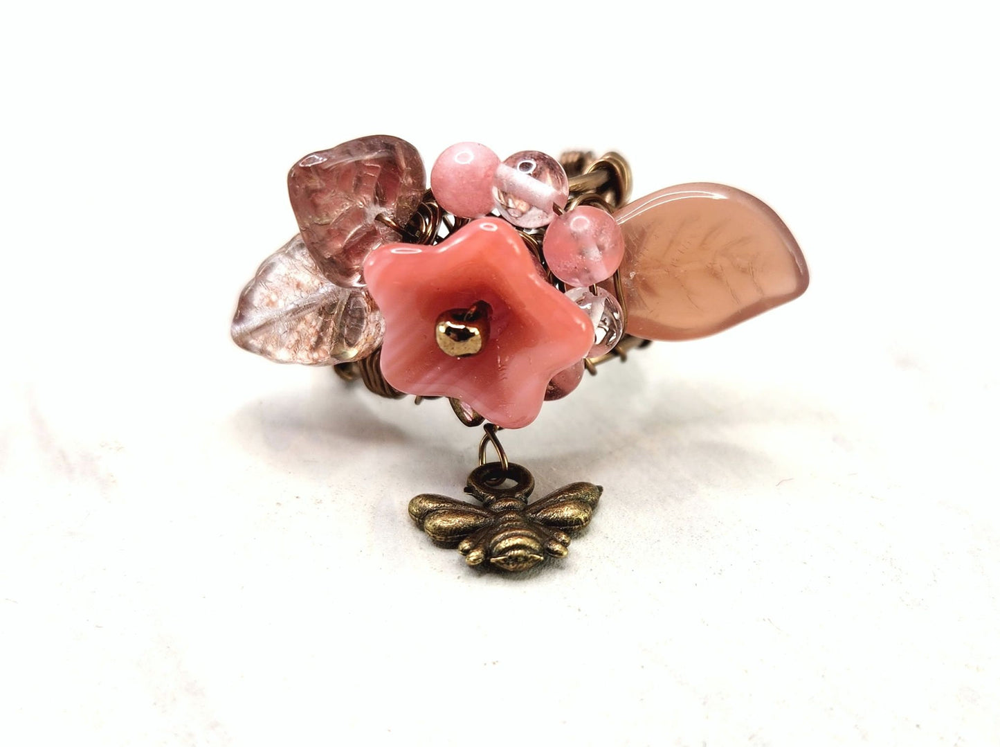 Fairytale Forest Fantasy Floral Ring in Antique Pink Renaissance Adjustable Wire