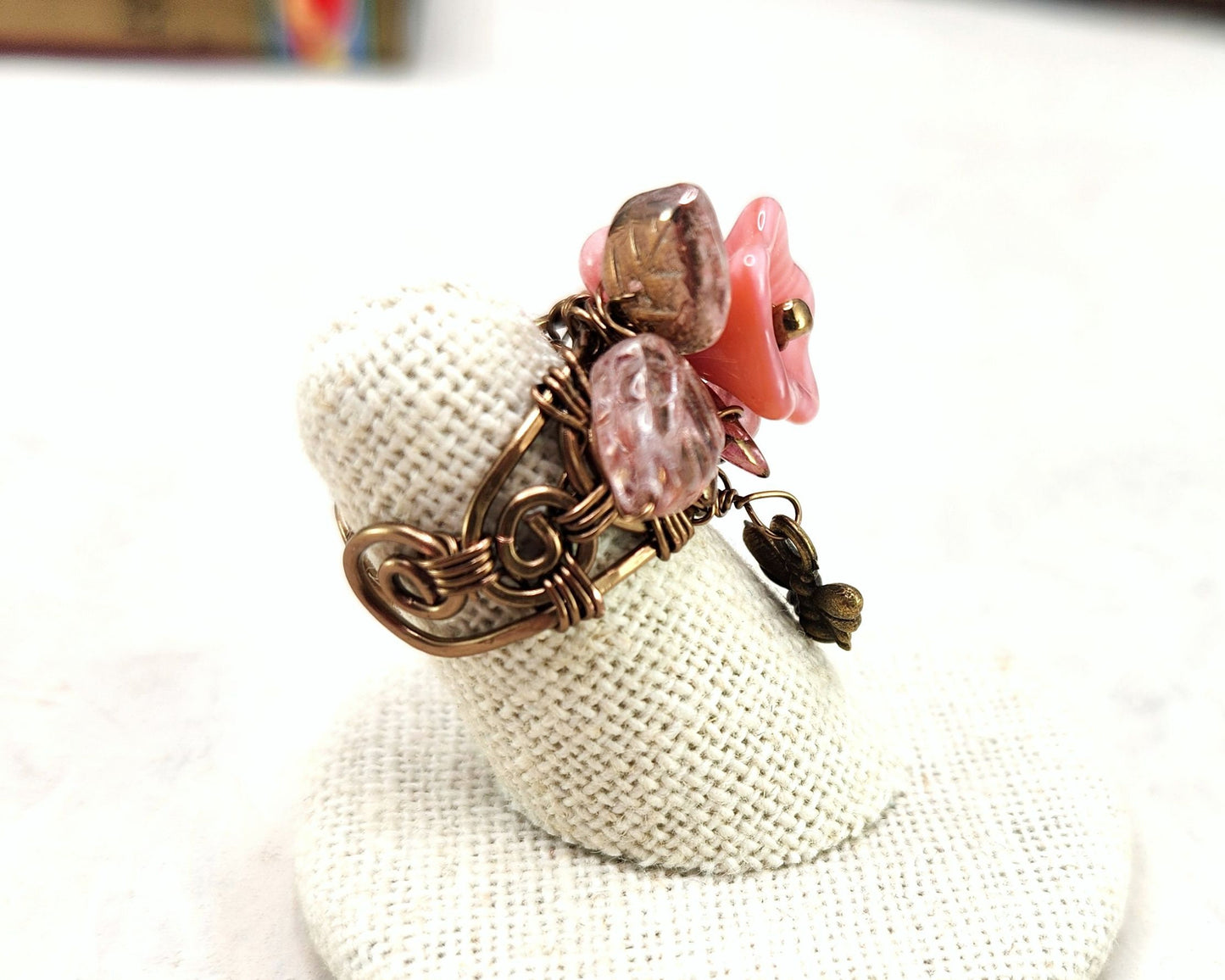 Fairytale Forest Fantasy Floral Ring in Antique Pink Renaissance Adjustable Wire