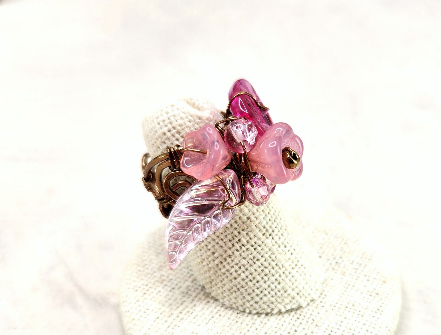 Fairytale Forest Fantasy Floral Ring in Pink Renaissance Adjustable Wire
