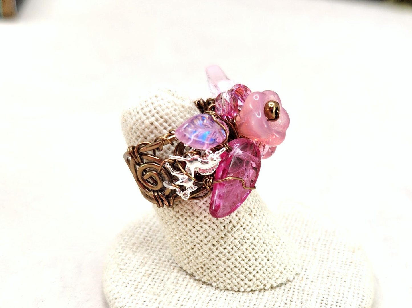 Fairytale Forest Fantasy Floral Ring in Pink Renaissance Adjustable Wire